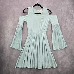 Koovs Blue Green Cold Shoulder Lace Flare Knee Length Long Sleeve Boho‎ Dress XS